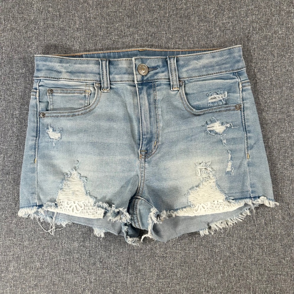 American Eagle Hi-Rise Shortie Denim Shorts 4 Light Wash Distressed Crochet Lace